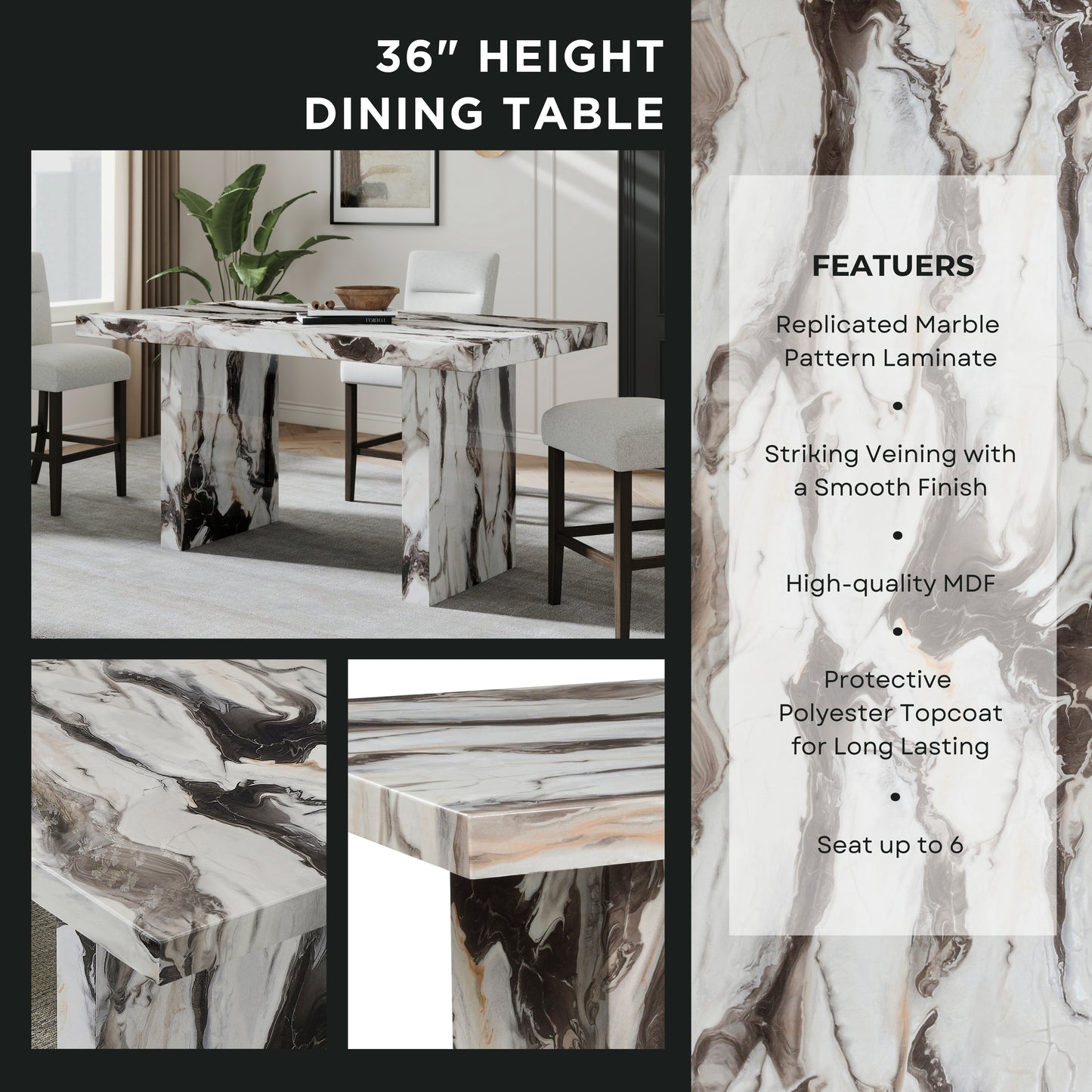 Roundhill Furniture Cavira 7-Piece Modern Faux Marble Dining Set, Counter Height Table with 6 Upholstered Chairs