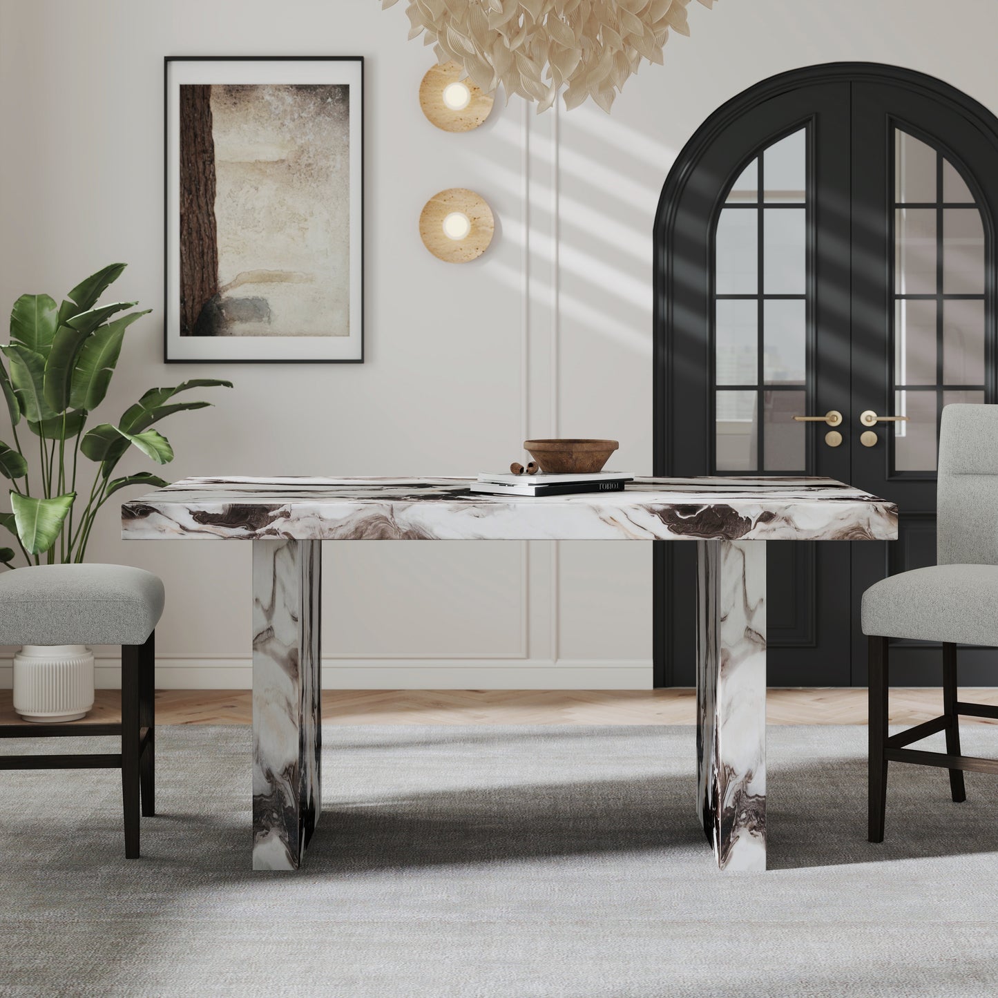 Roundhill Furniture Cavira 7-Piece Modern Faux Marble Dining Set, Counter Height Table with 6 Upholstered Chairs