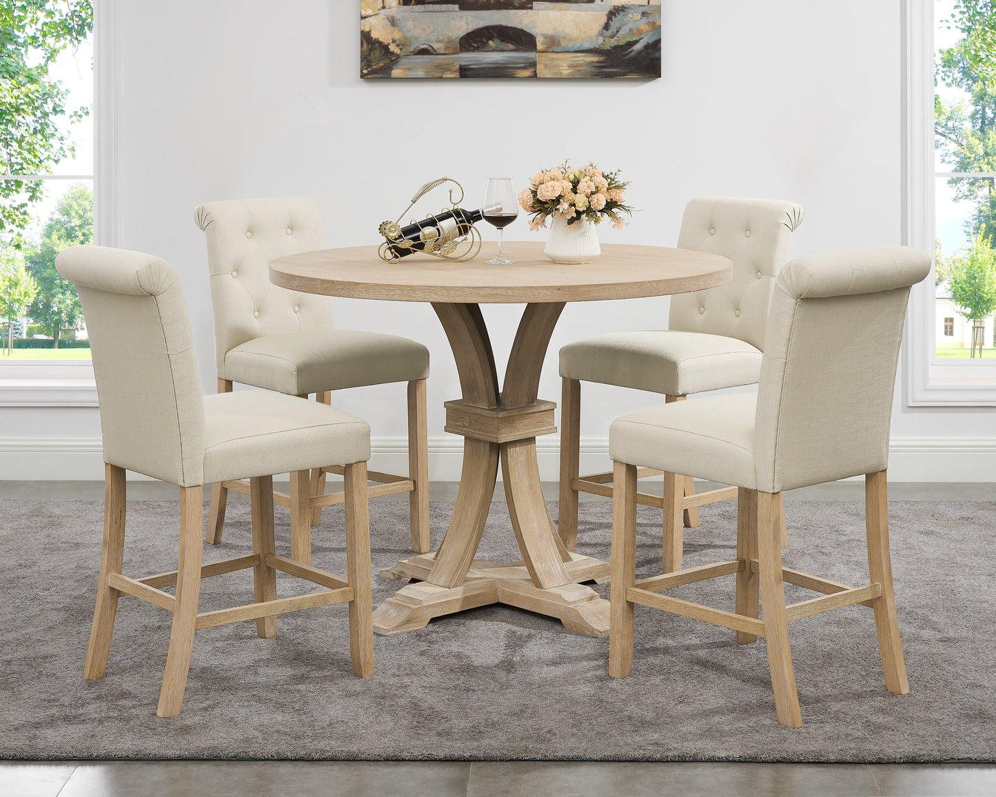 Siena White-washed Finished 5-Piece Counter Height Dining set, Pedestal Round Table with Tan Chairs