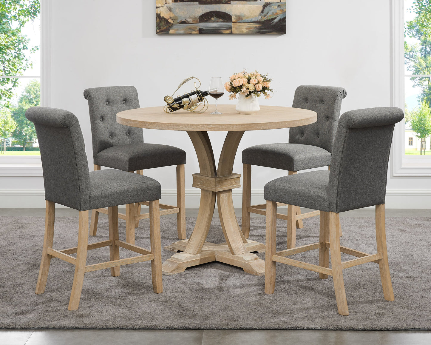 White-washed Finish Round Counter Height Pedestal Dining Table