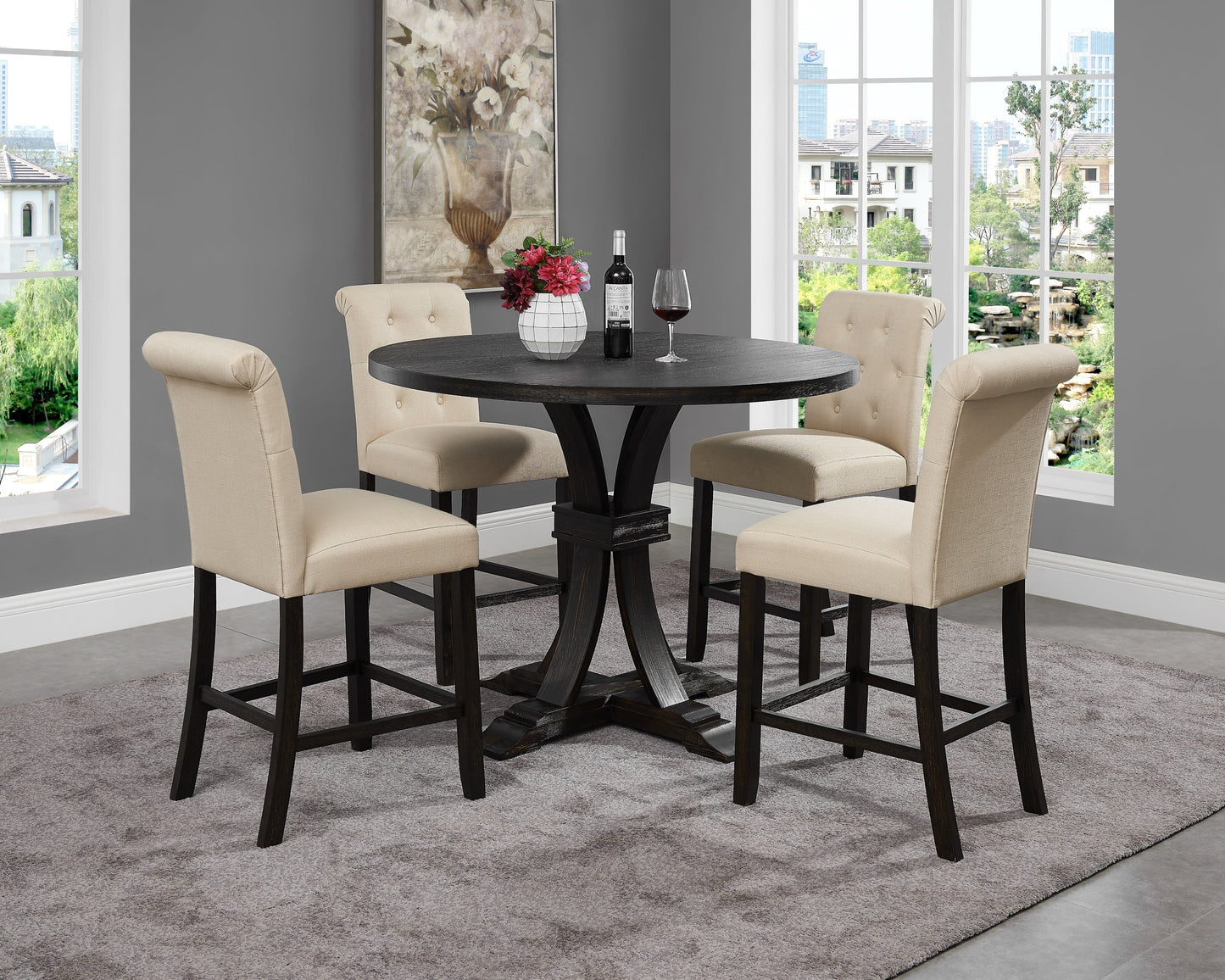 Siena Distressed Black Finish 5-Piece Counter Height Dining set, Pedestal Round Table with Tan Chairs