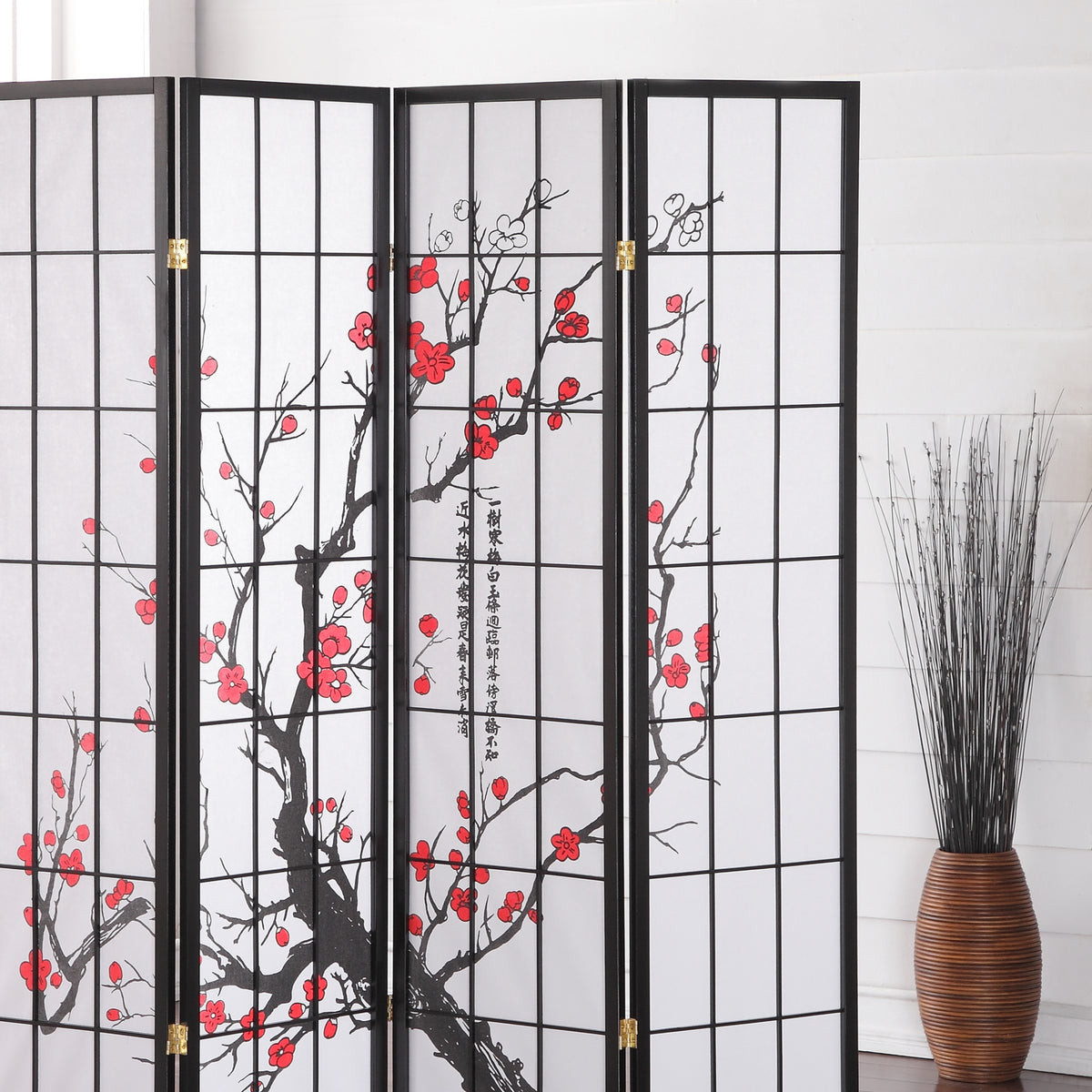 Roundhill Furniture Japanese 4-Panel Screen Room Divider, Plum Blossom