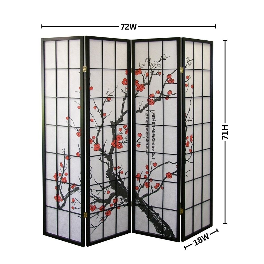 Roundhill Furniture Japanese 4-Panel Screen Room Divider, Plum Blossom