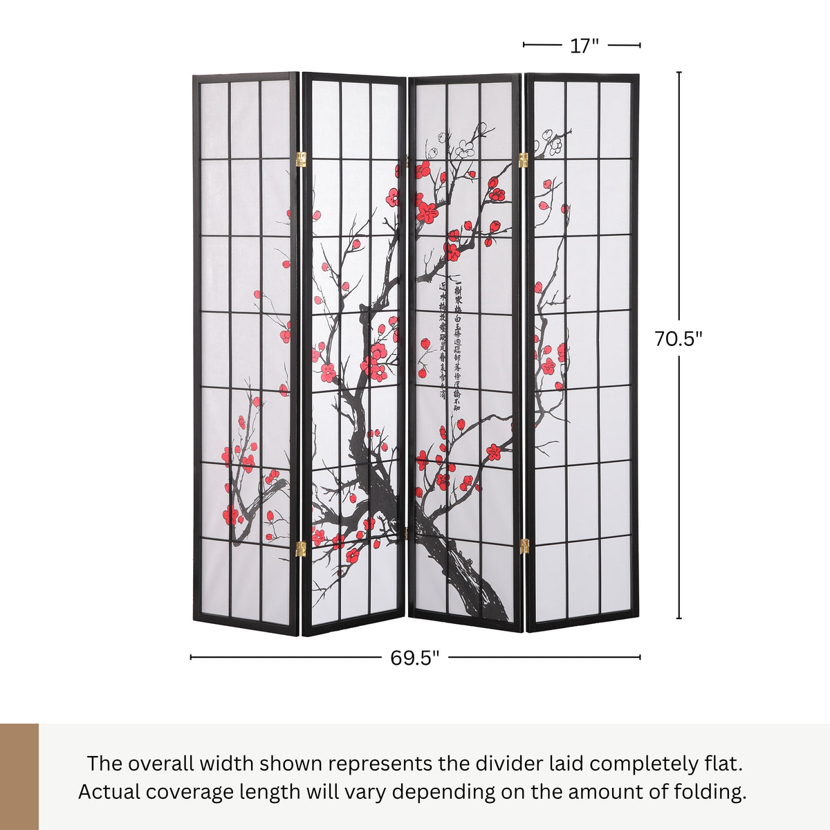 Roundhill Furniture Japanese 4-Panel Screen Room Divider, Plum Blossom