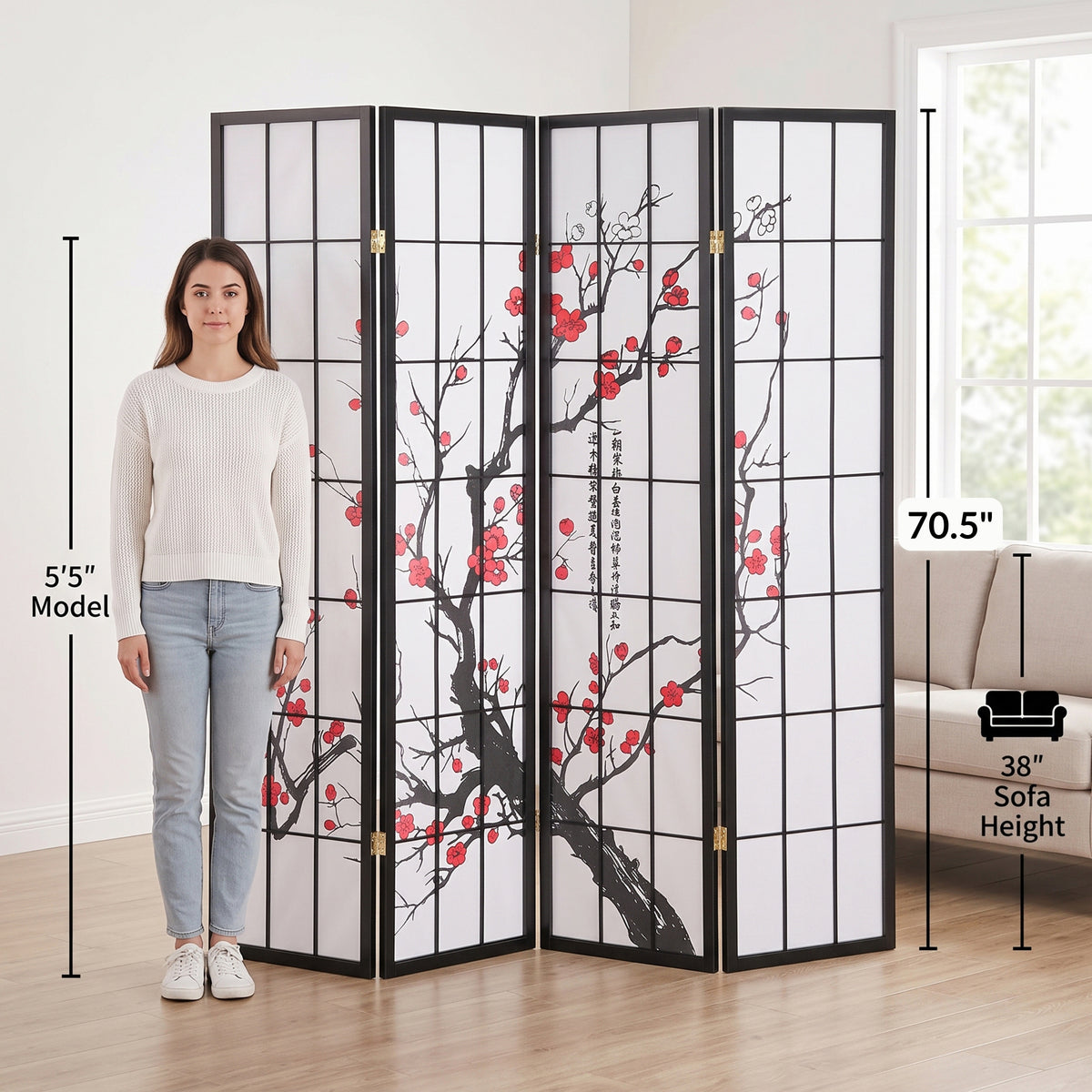 Roundhill Furniture Japanese 4-Panel Screen Room Divider, Plum Blossom
