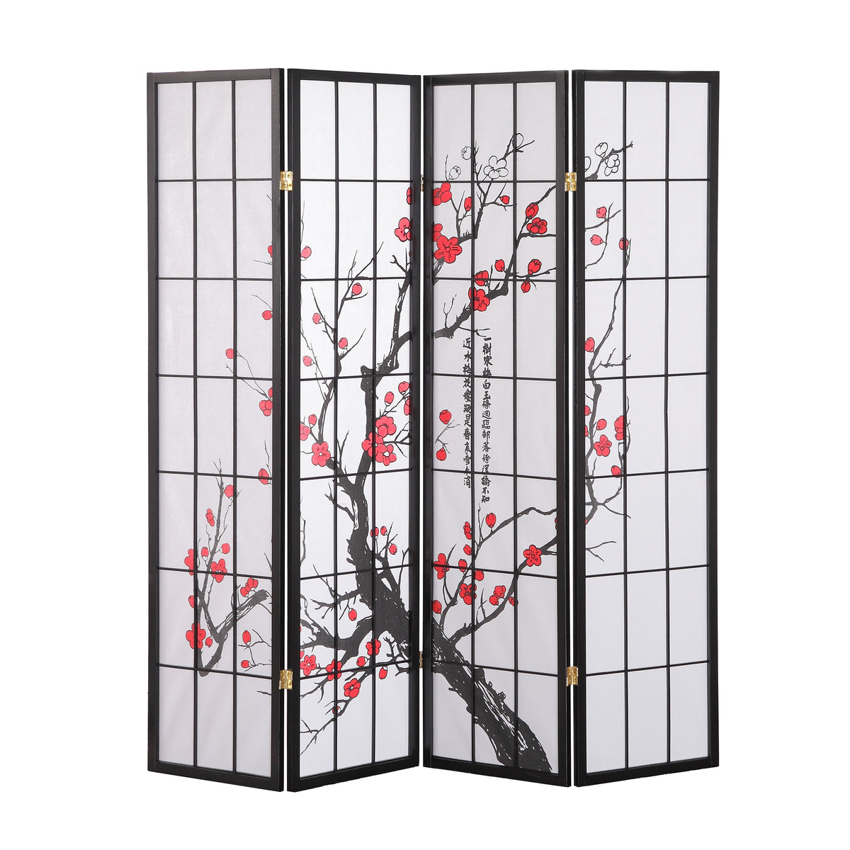 Roundhill Furniture Japanese 4-Panel Screen Room Divider, Plum Blossom