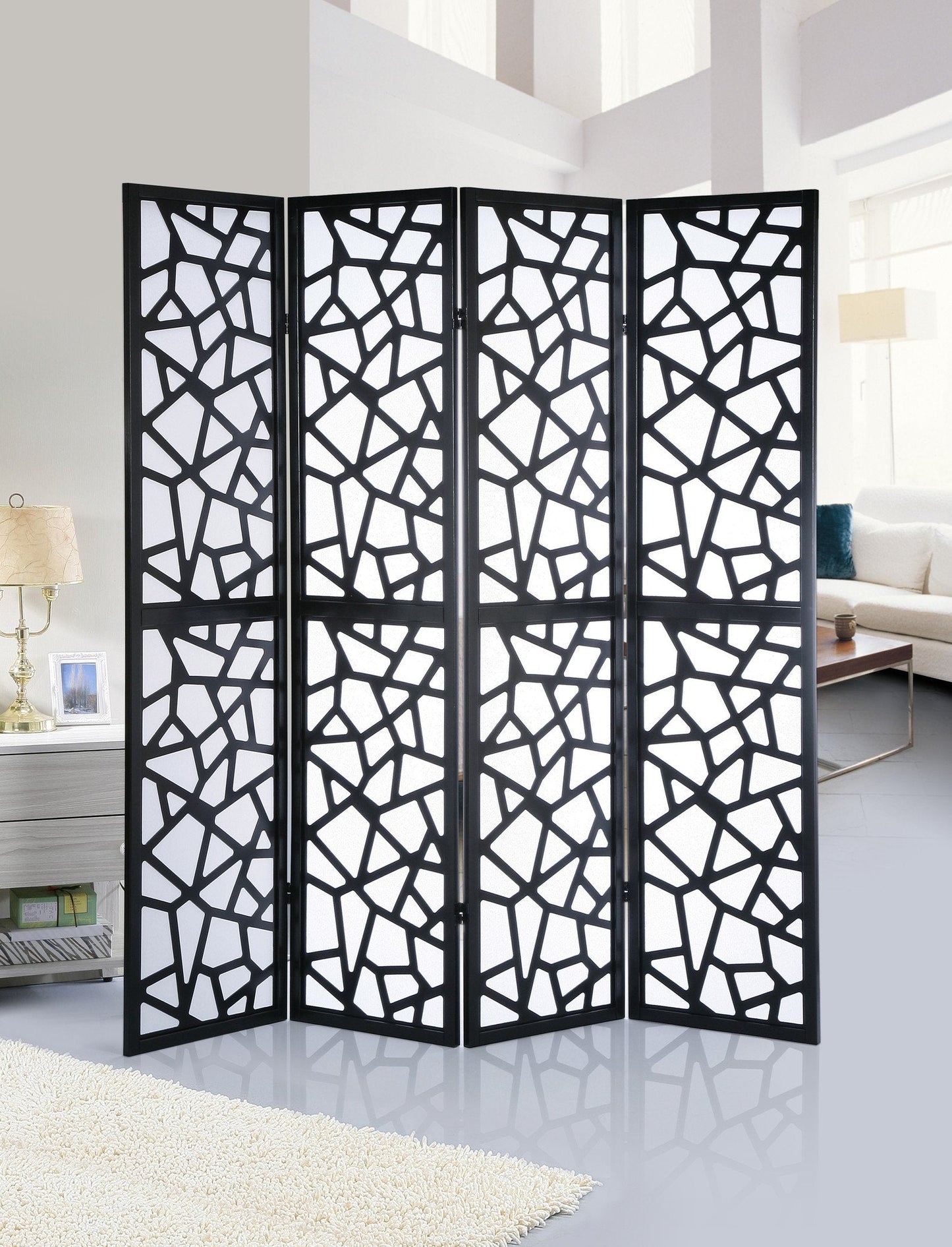 Roundhill Furniture Giyano 4 Panel Screen Room Divider, Black