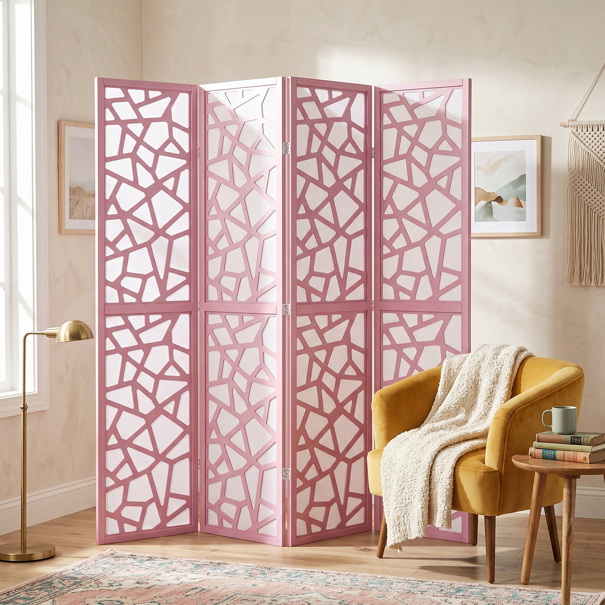 Roundhill Furniture Aurra 4-Panel Wood Room Divider, Folding Portable Partition Screen