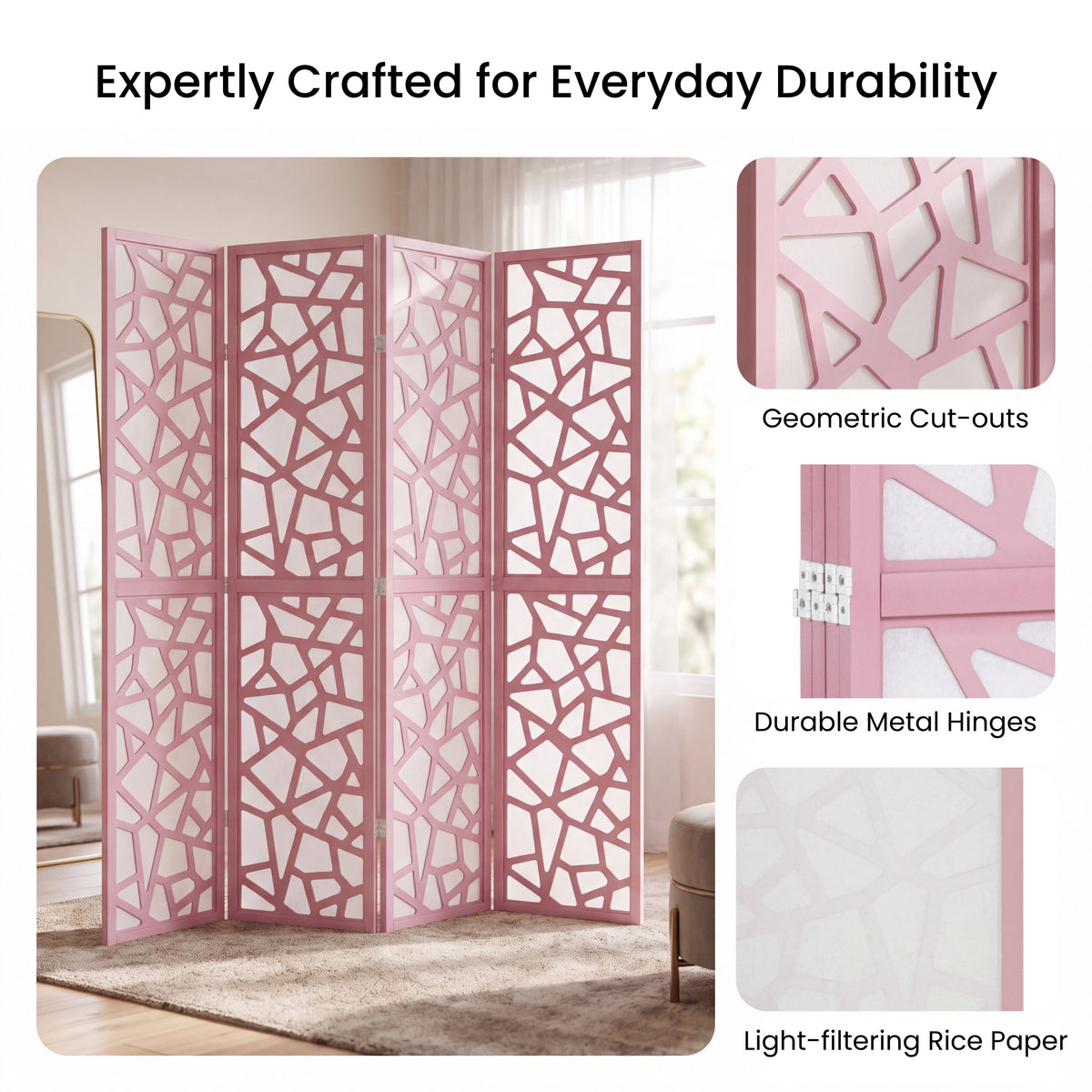 Roundhill Furniture Aurra 4-Panel Wood Room Divider, Folding Portable Partition Screen