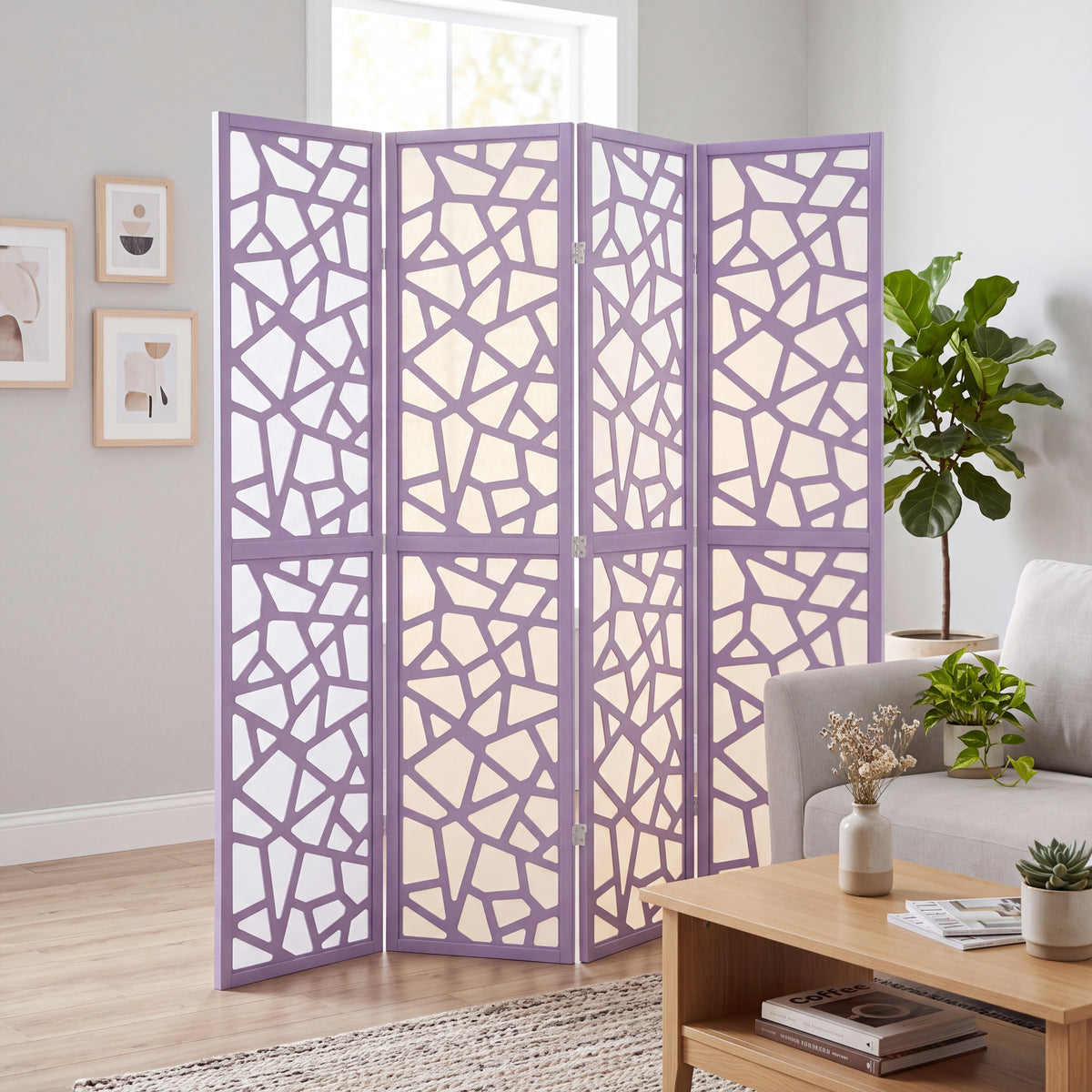 Roundhill Furniture Aurra 4-Panel Wood Room Divider, Folding Portable Partition Screen