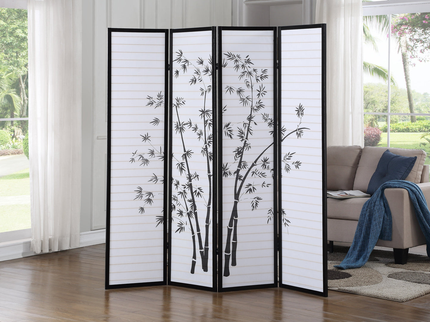 Roundhill Furniture Bamboo Print 4-Panel Framed Room Screen/Divider, Black