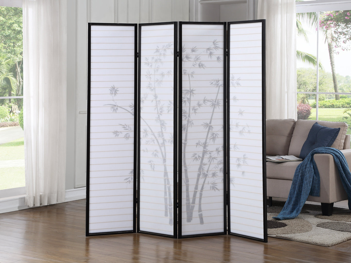 Roundhill Furniture Bamboo Print 4-Panel Framed Room Screen/Divider, Black