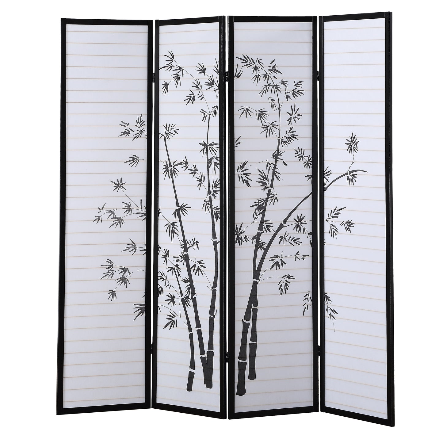 Bamboo Print 4-Panel Black Framed Room Screen/Divider