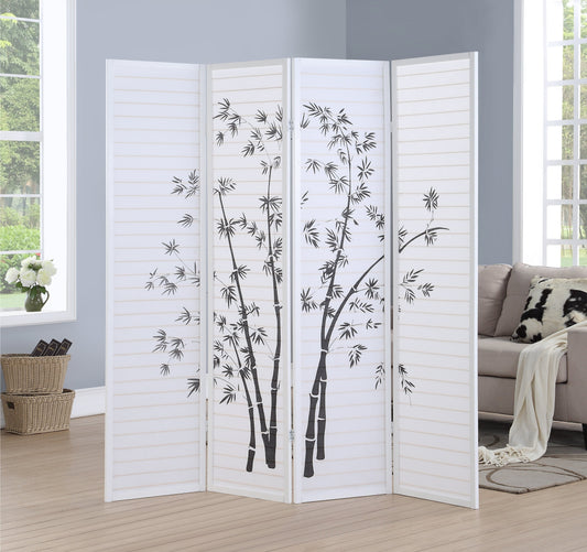 Roundhill Furniture Bamboo Print 4-Panel Framed Room Screen/Divider, White