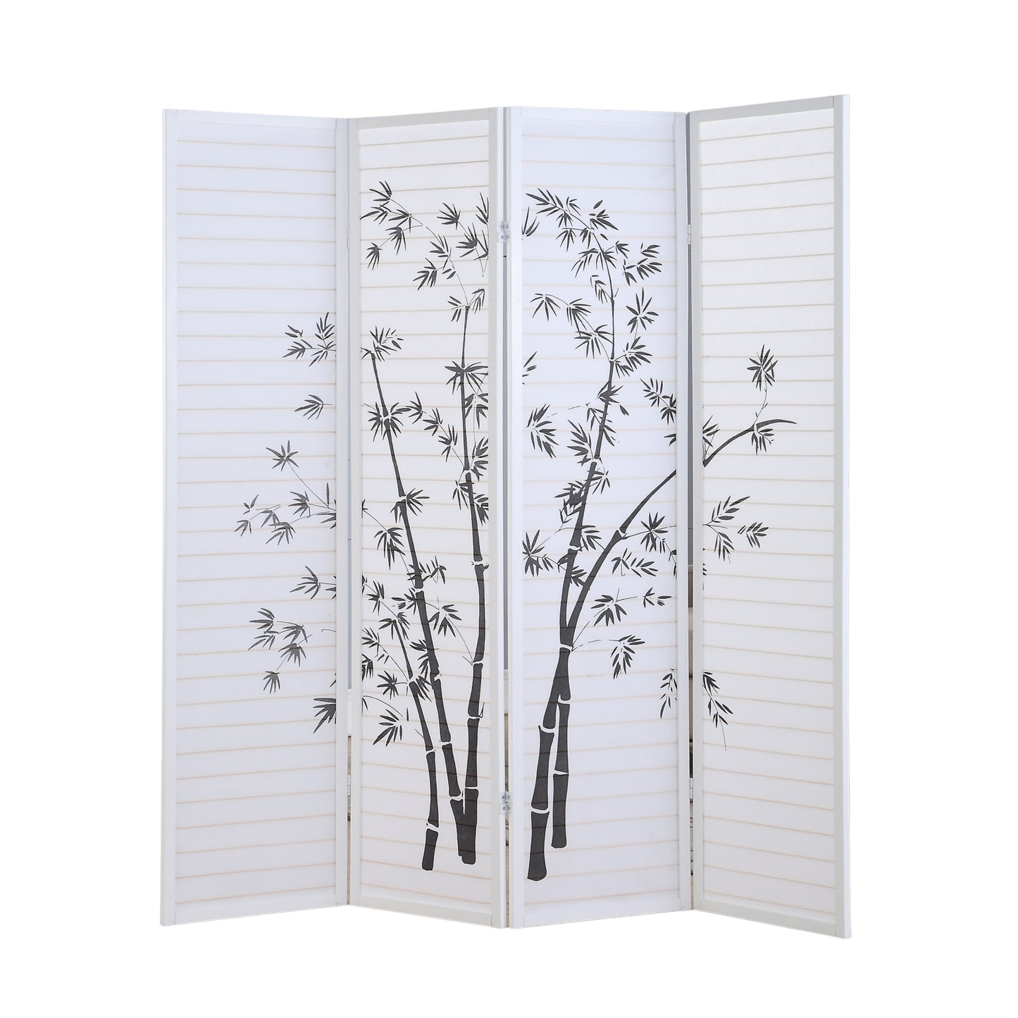 Bamboo Print 4-Panel White Framed Room Screen/Divider