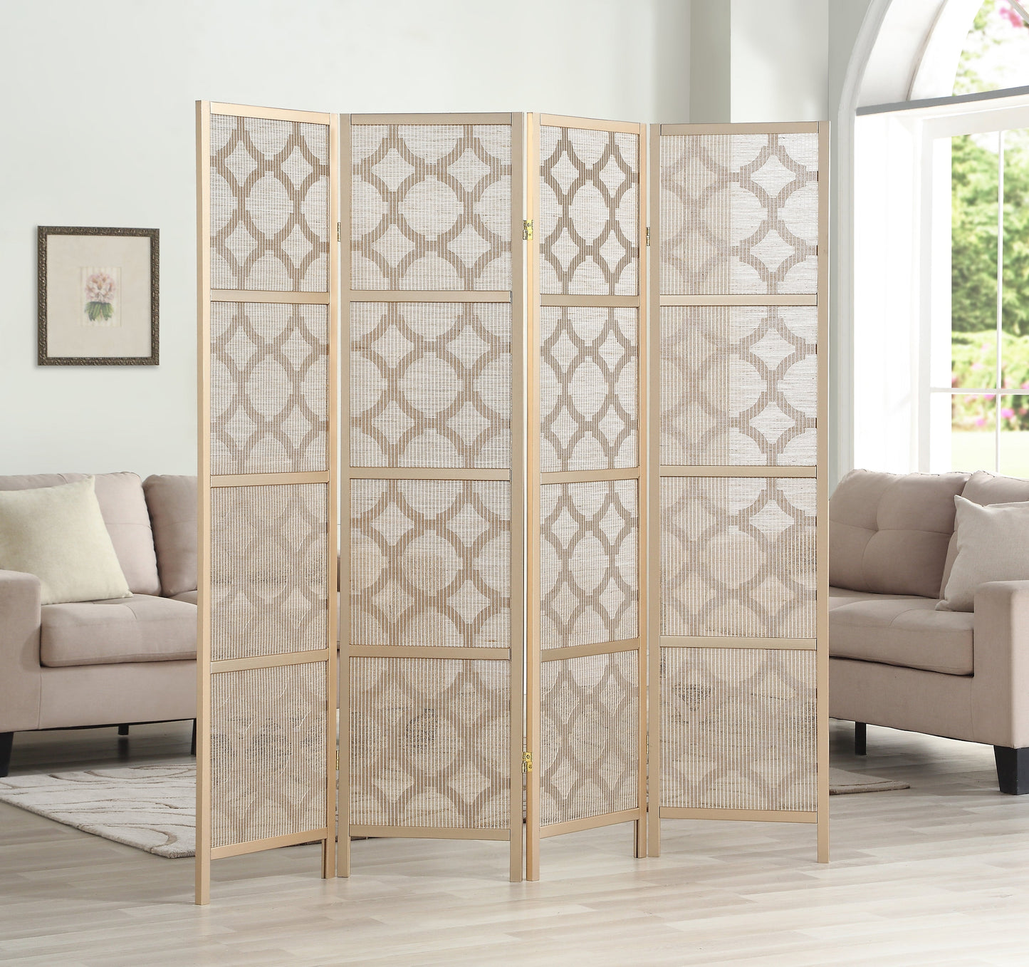 Roundhill Furniture Quarterfoil infused Diamond Design 4-Panel Room Divider, Gold