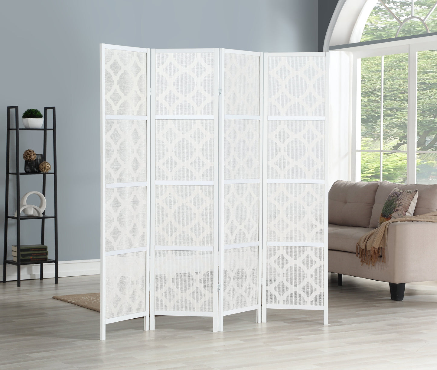 Roundhill Furniture Quarterfoil infused Diamond Design 4-Panel Room Divider, White