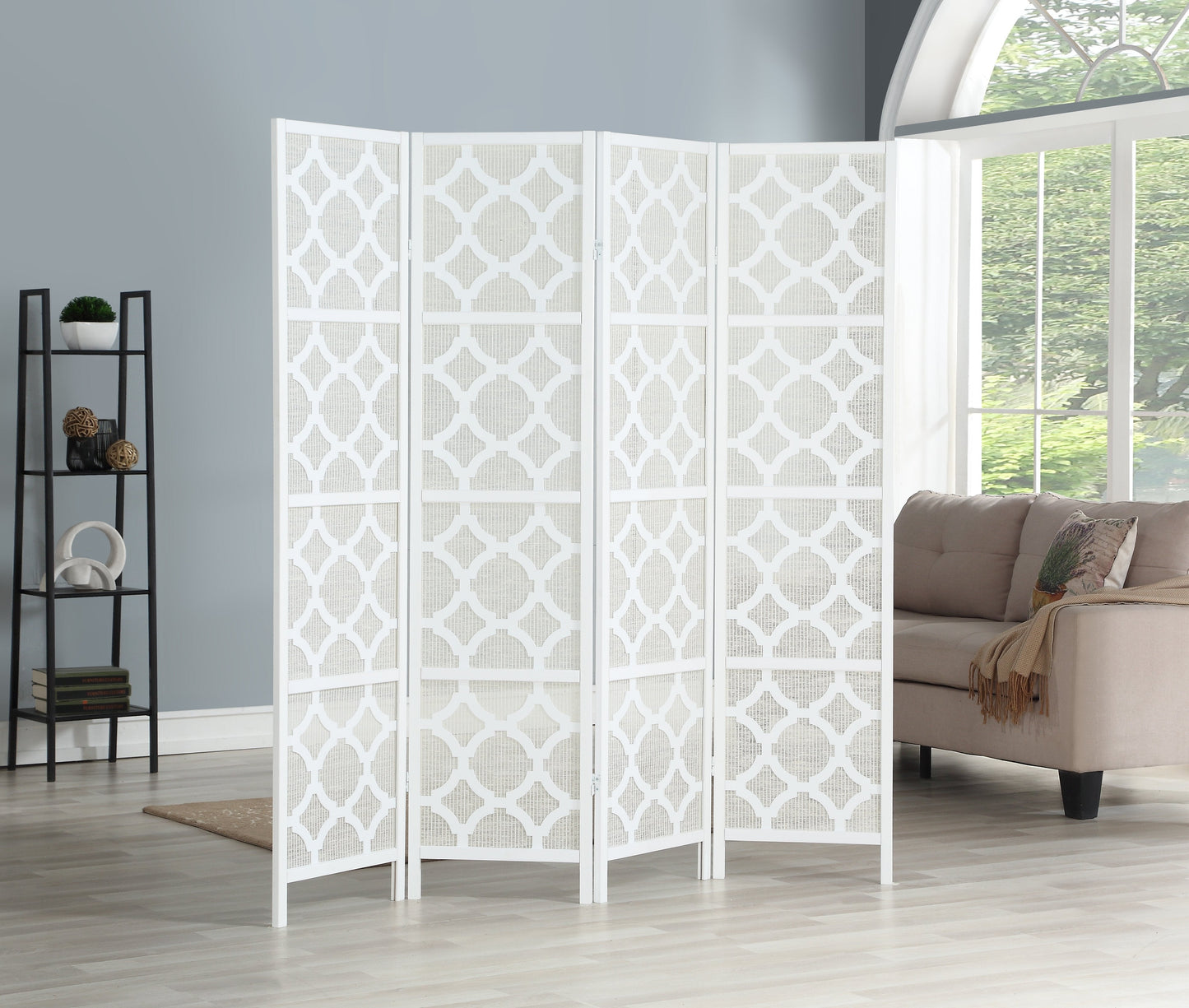 Roundhill Furniture Quarterfoil infused Diamond Design 4-Panel Room Divider, White