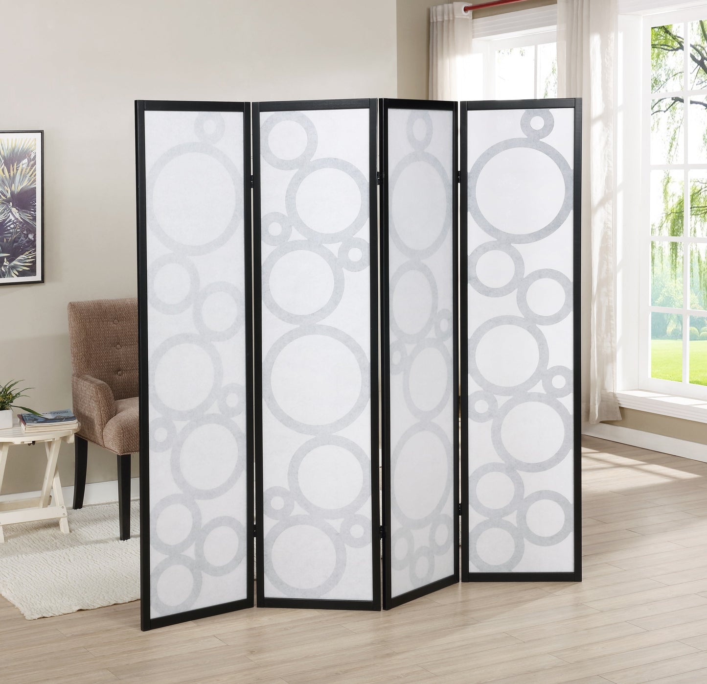 Roundhill Furniture Arvada 4-Panel Wood Room Divider with Circle Pattern, Black