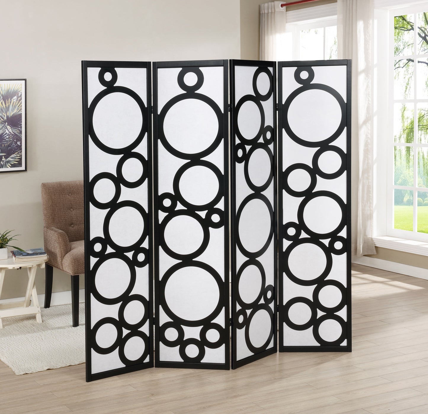 Roundhill Furniture Arvada 4-Panel Wood Room Divider with Circle Pattern