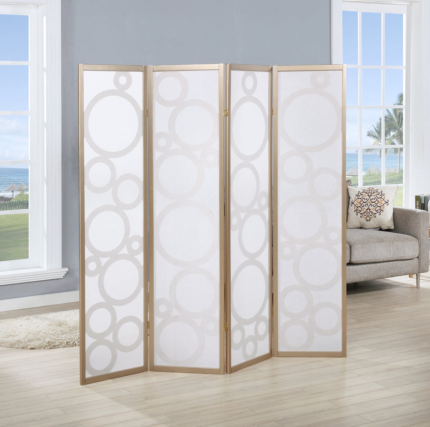 Roundhill Furniture Arvada 4-Panel Wood Room Divider with Circle Pattern, Gold