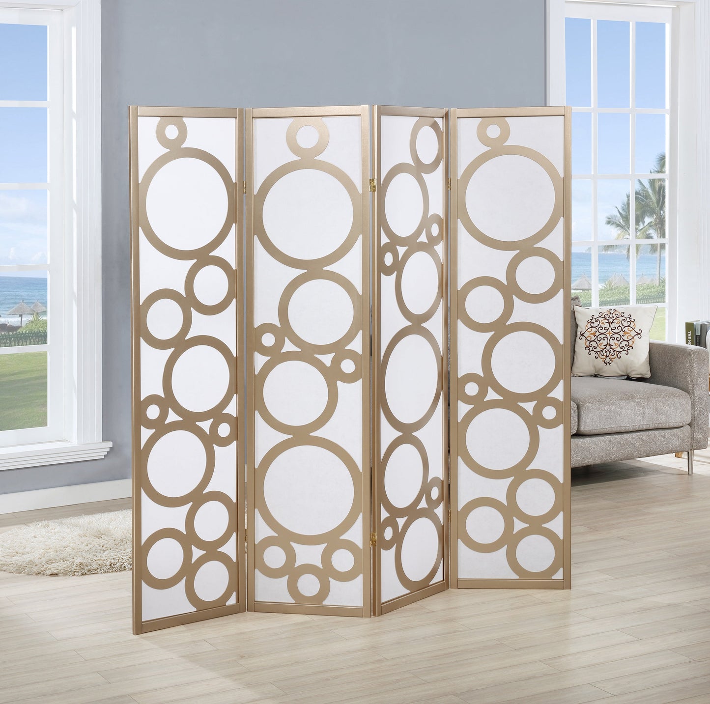 Roundhill Furniture Arvada 4-Panel Wood Room Divider with Circle Pattern