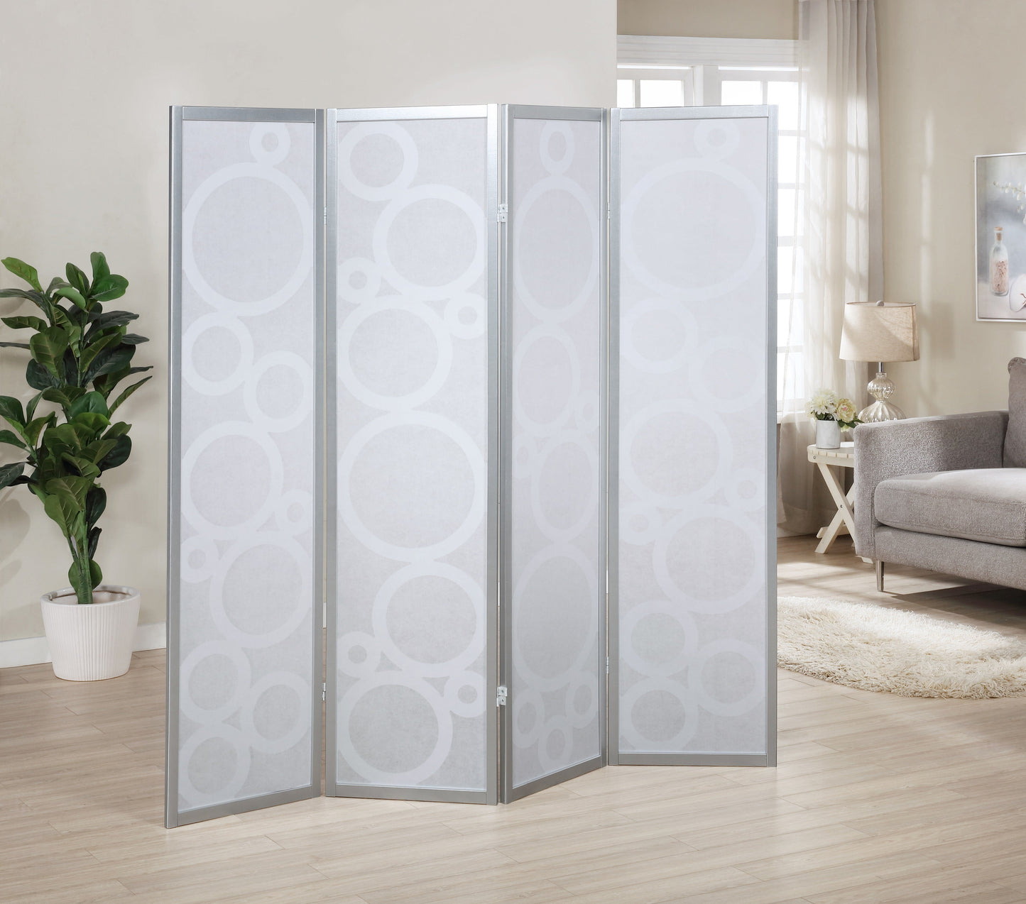 Roundhill Furniture Arvada 4-Panel Wood Room Divider with Circle Pattern, Silver