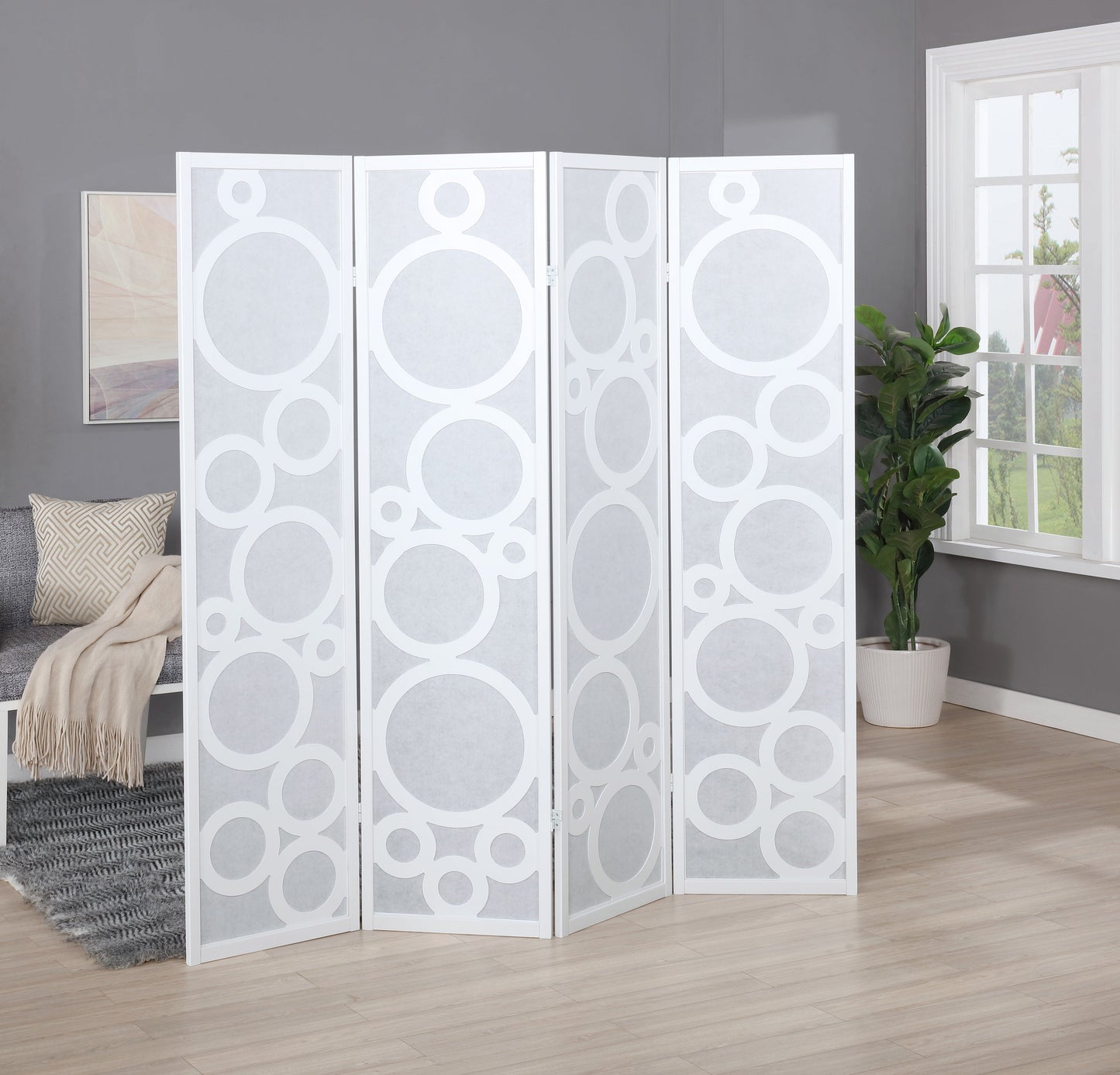 Roundhill Furniture Arvada 4-Panel Wood Room Divider with Circle Pattern