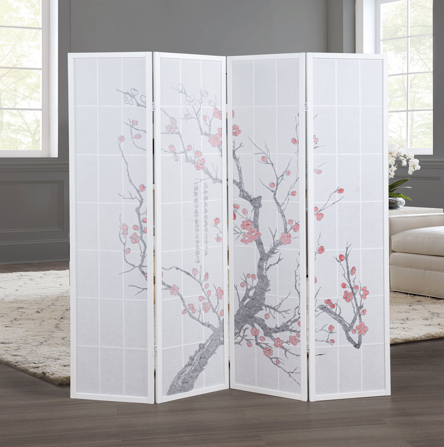 Roundhill Furniture Japanese 4-Panel Screen Room Divider, Plum Blossom