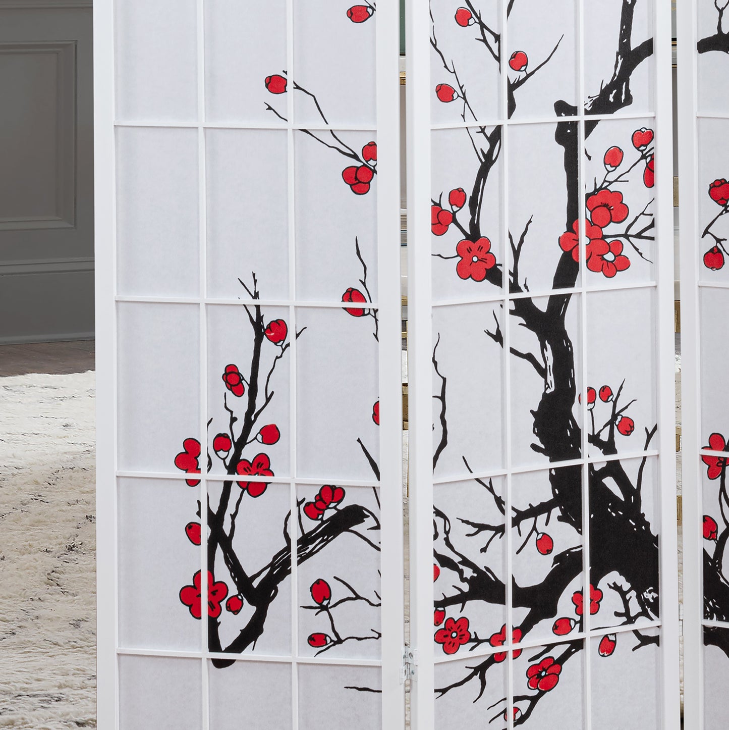 Roundhill Furniture Japanese 4-Panel Screen Room Divider, Plum Blossom