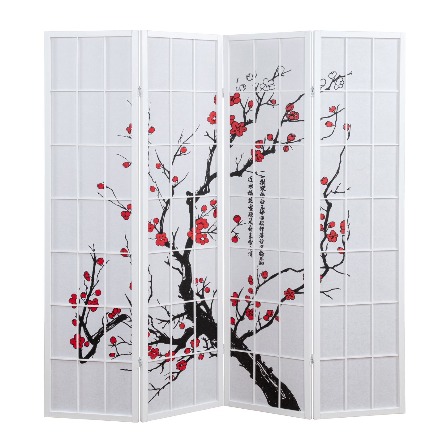Roundhill Furniture Japanese 4-Panel Screen Room Divider, Plum Blossom