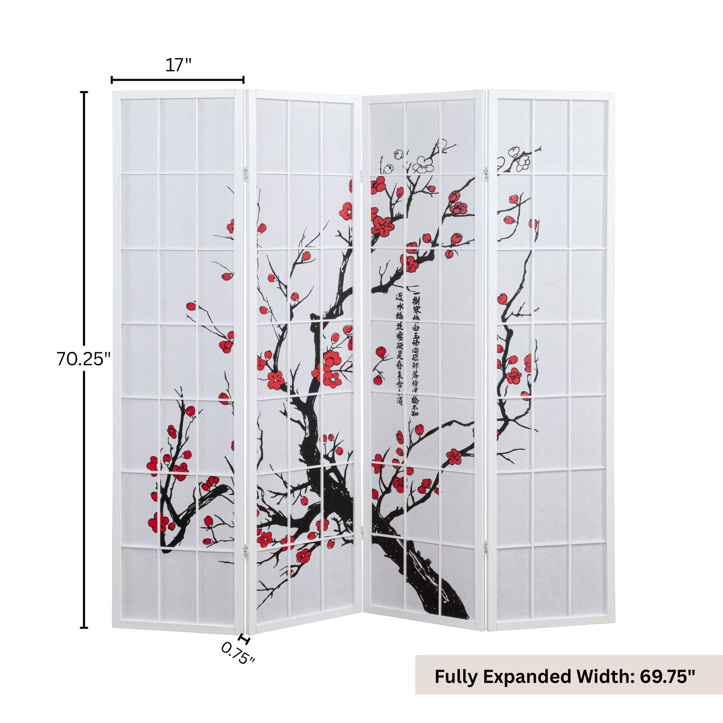 Roundhill Furniture Japanese 4-Panel Screen Room Divider, Plum Blossom