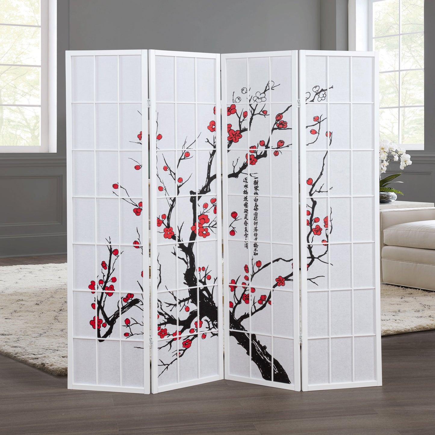 Roundhill Furniture Japanese 4-Panel Screen Room Divider, Plum Blossom
