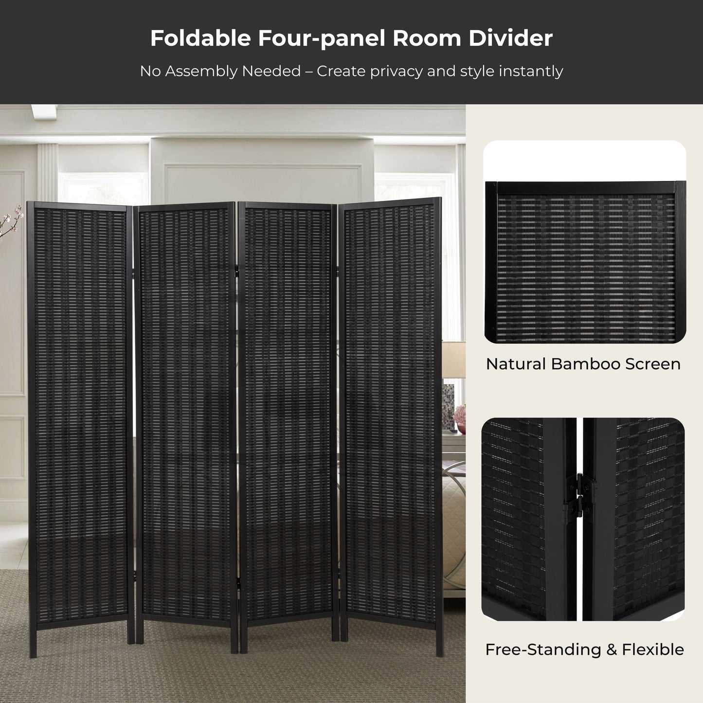Roundhill Furniture Inkwell 4-Panel Bamboo Room Divider, Folding Portable Partition Screen
