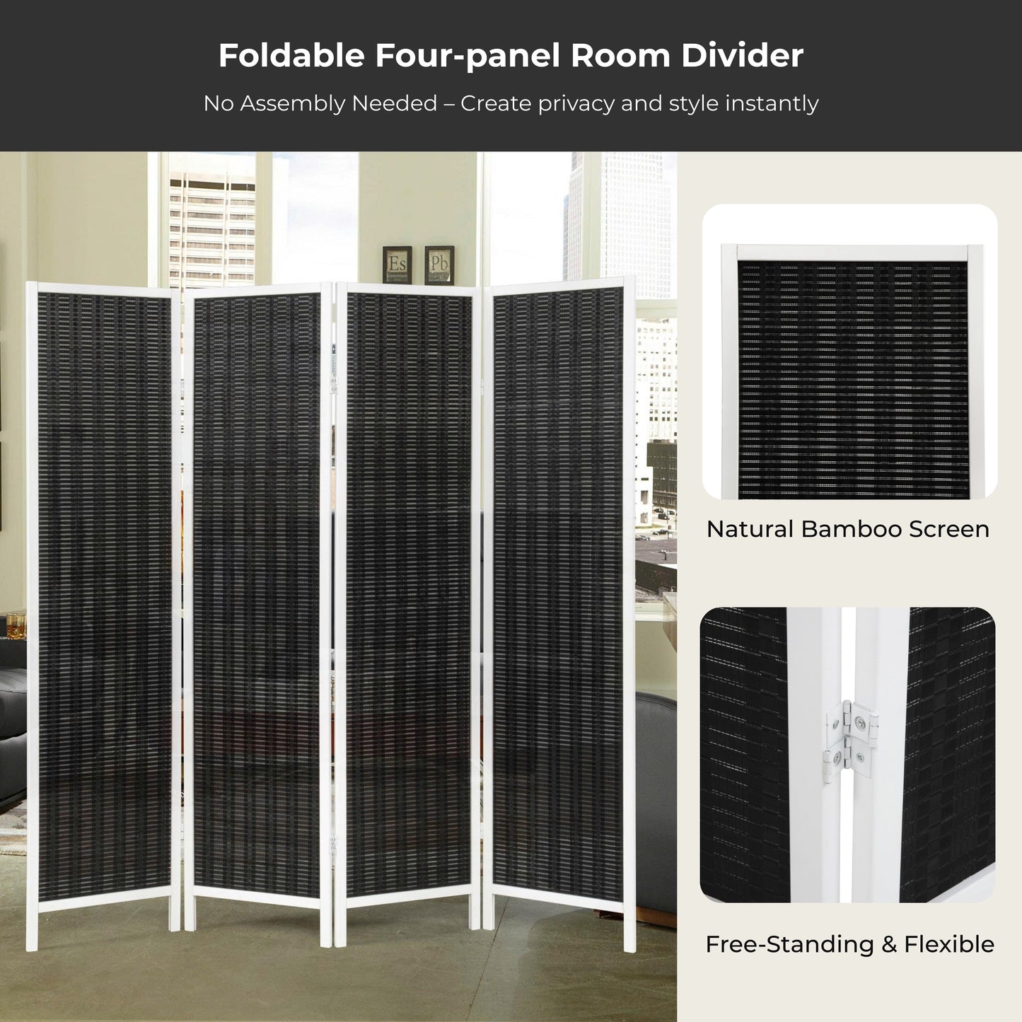 Roundhill Furniture Inkwell 4-Panel Bamboo Room Divider, Folding Portable Partition Screen