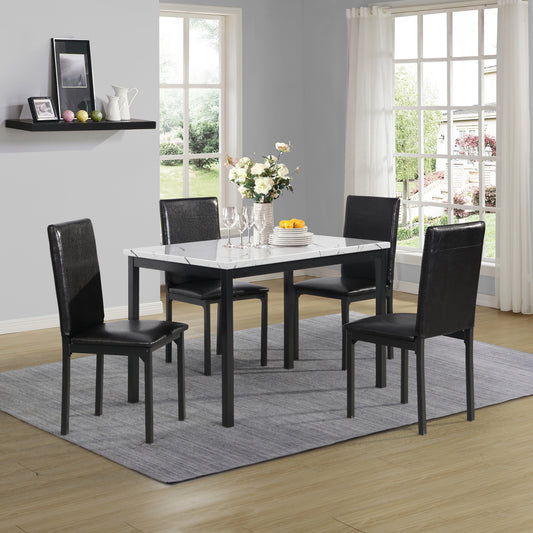 Roundhill Furniture Citico Metal Dinette Set with Laminated Faux Marble Top, White Table with Black Chairs, 5 Piece