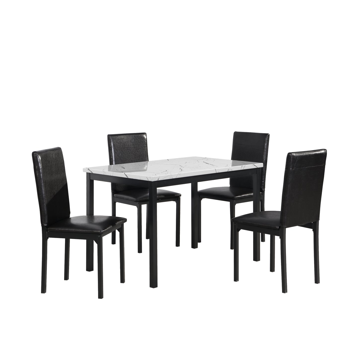 Roundhill Furniture Citico Metal Dinette Set with Laminated Faux Marble Top, White Table with Black Chairs, 5 Piece