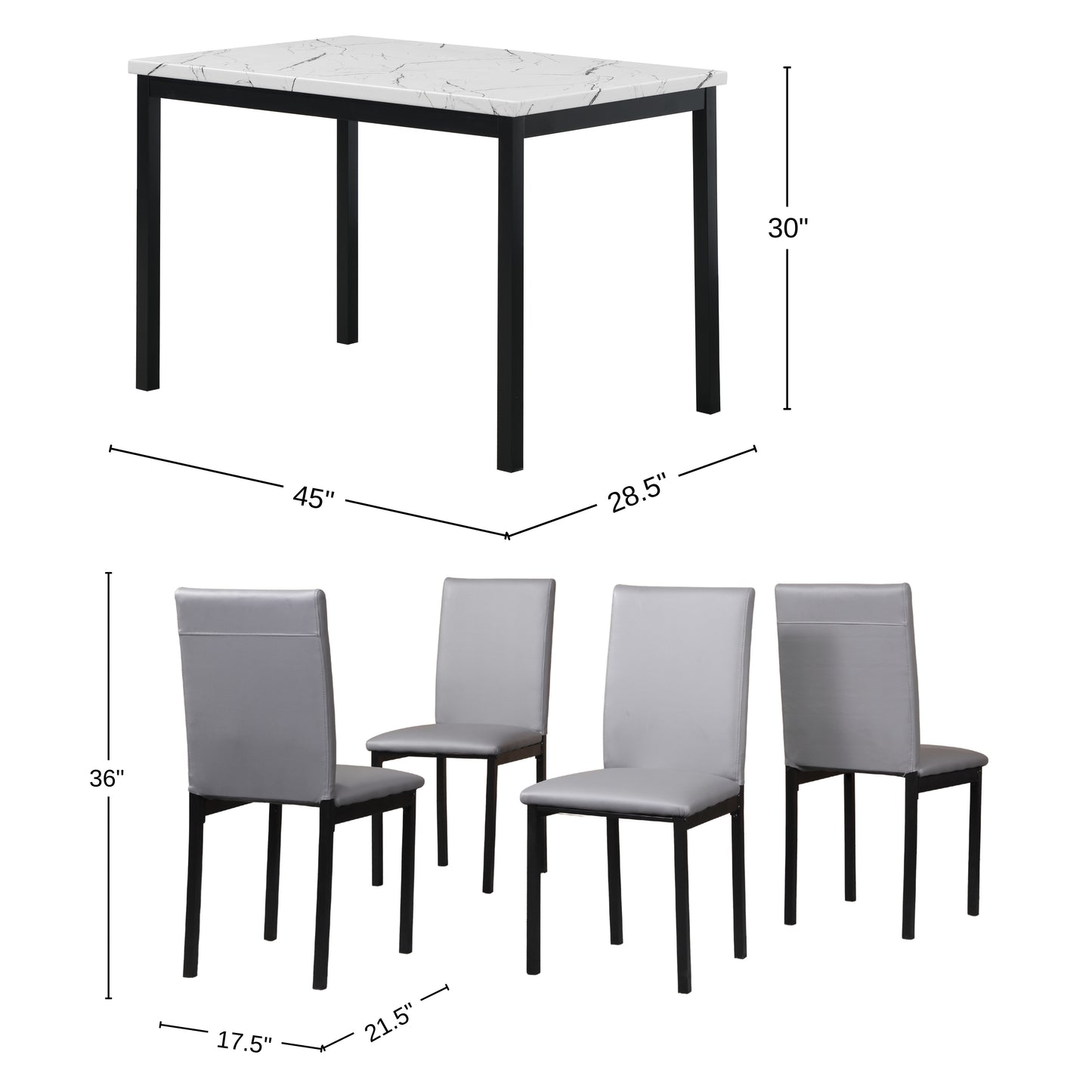 Citico 5-Piece Metal Dinette Set with Laminated Off-white Faux Marble Top, 4 Gray Chairs