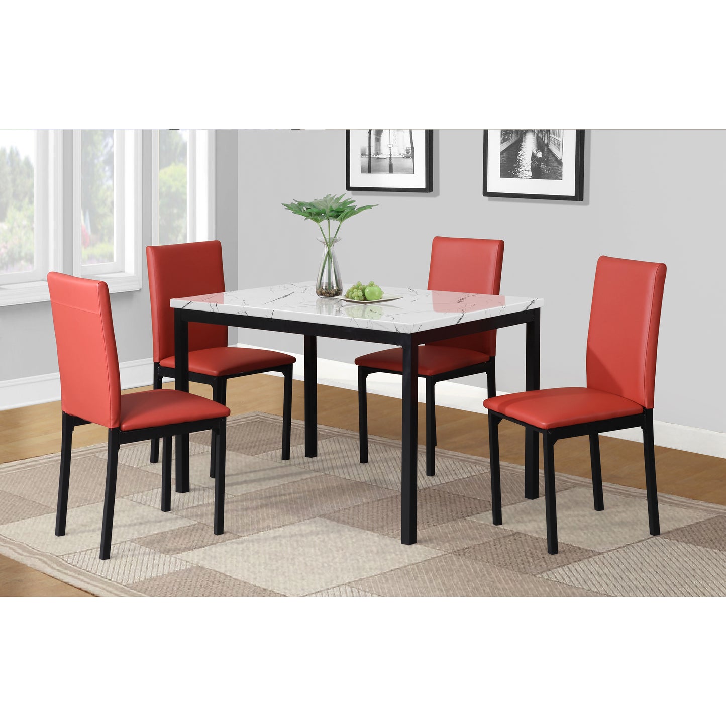 Roundhill Furniture Citico Metal Dinette Set with Laminated Faux Marble Top, White Table with Red Chairs, 5 Piece