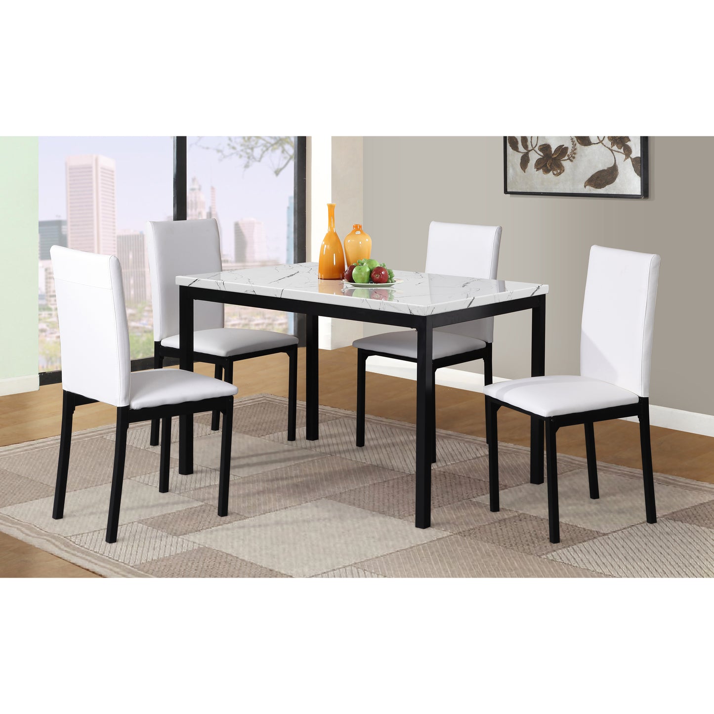 Roundhill Furniture Citico Metal Dinette Set with Laminated Faux Marble Top, White Table with White Chairs, 5 Piece