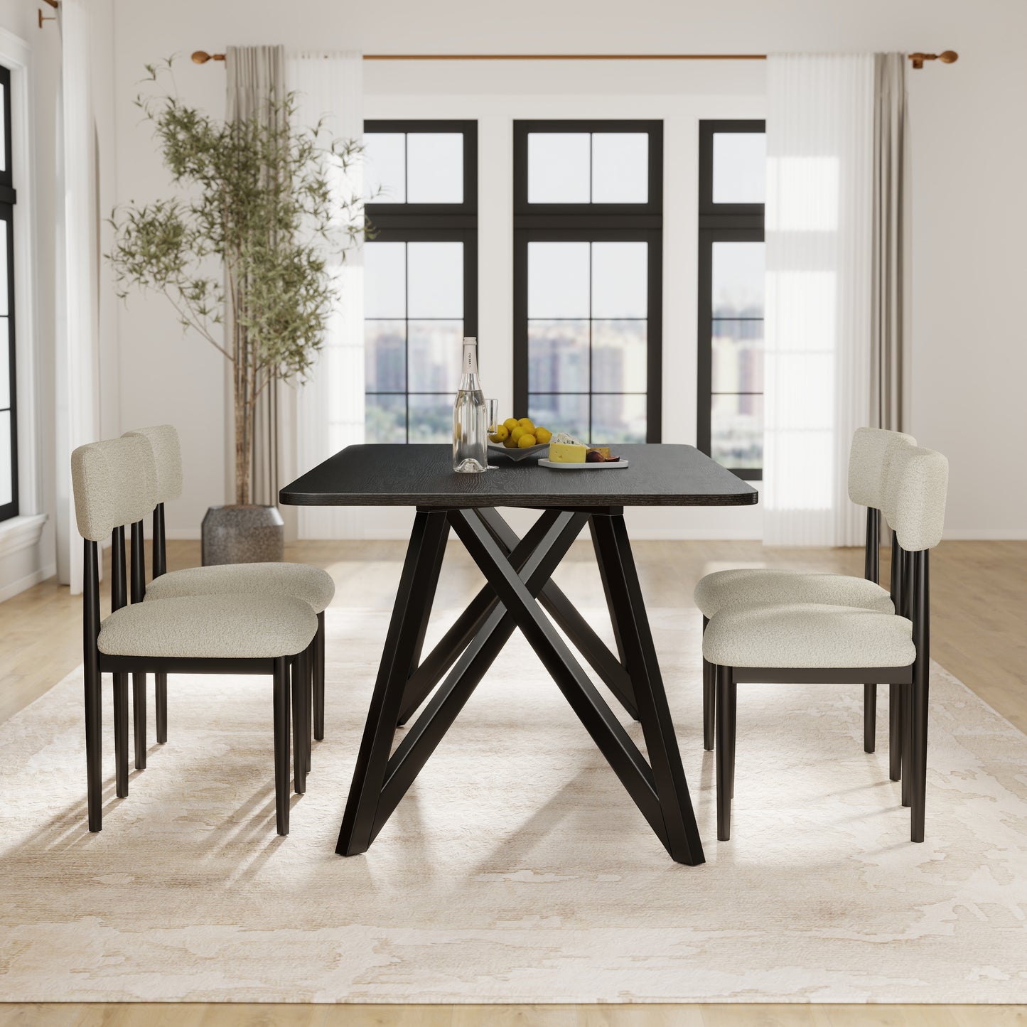 Roundhill Furniture Axler 5-Piece Dining Set, Tripod-Cross Dining Table with 4 Boucle Chairs