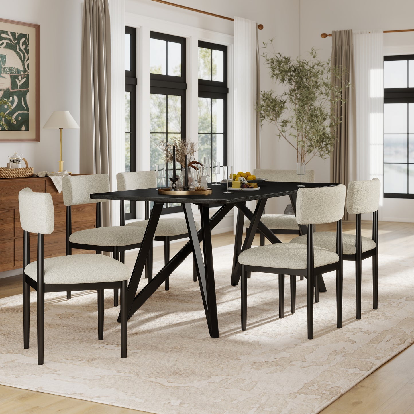 Roundhill Furniture Axler 7-Piece Dining Set, Tripod-Cross Dining Table with 6 Boucle Chairs