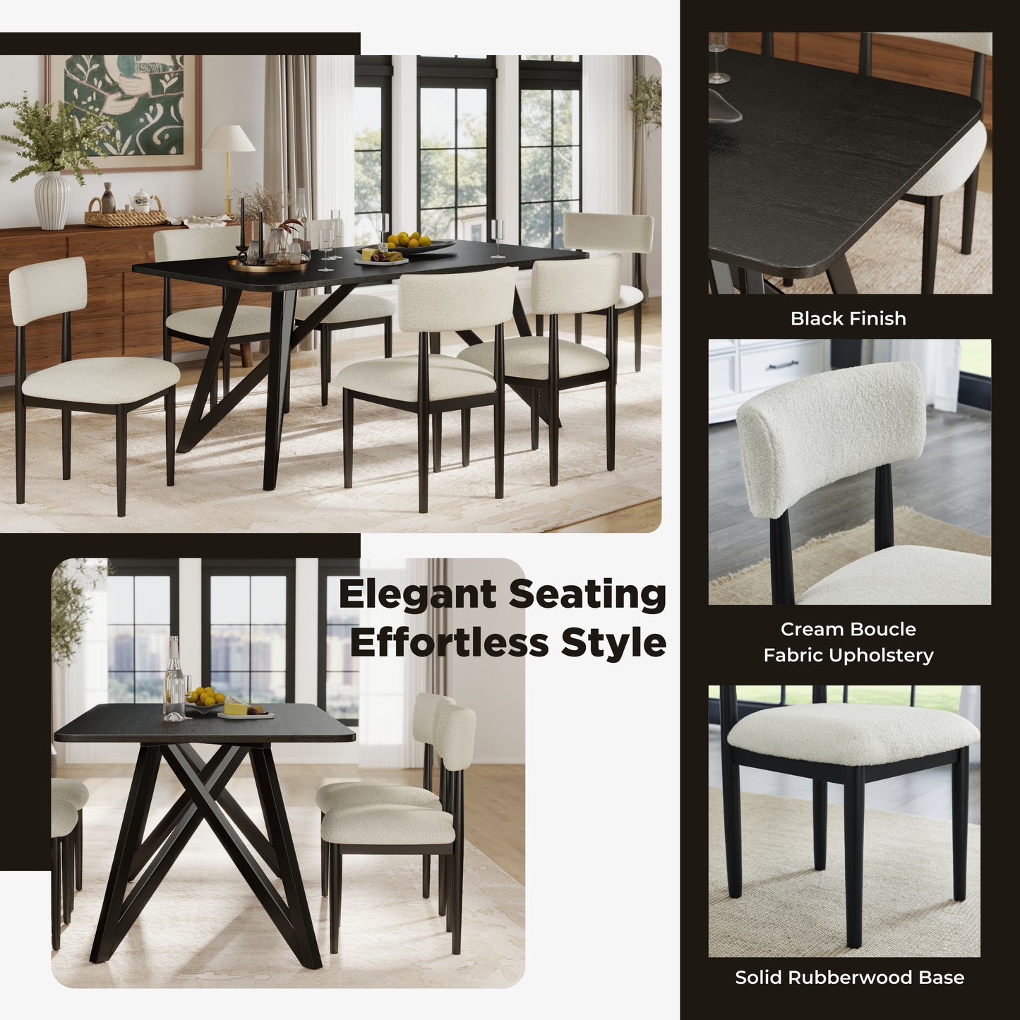 Roundhill Furniture Axler 7-Piece Dining Set, Tripod-Cross Dining Table with 6 Boucle Chairs