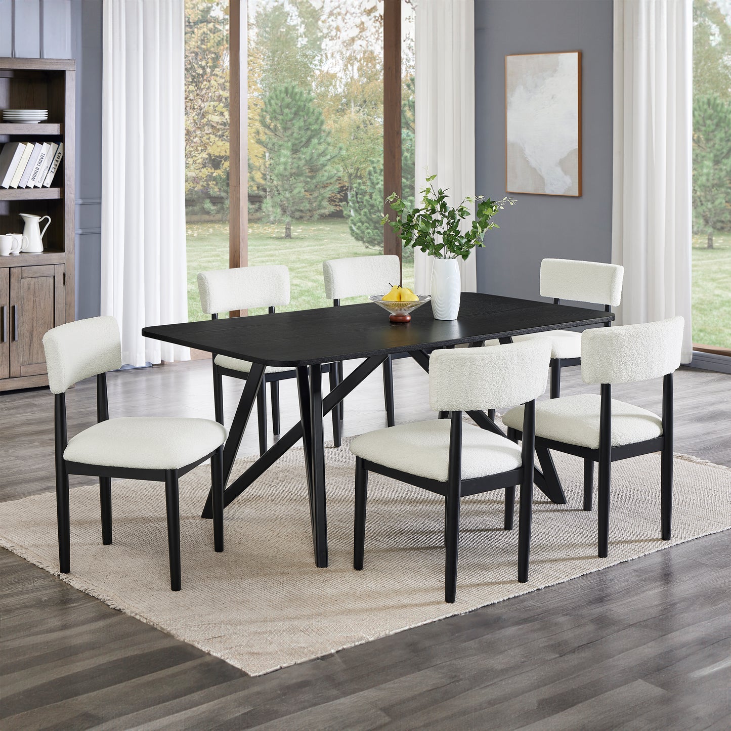 Roundhill Furniture Axler 7-Piece Dining Set, Tripod-Cross Dining Table with 6 Boucle Chairs