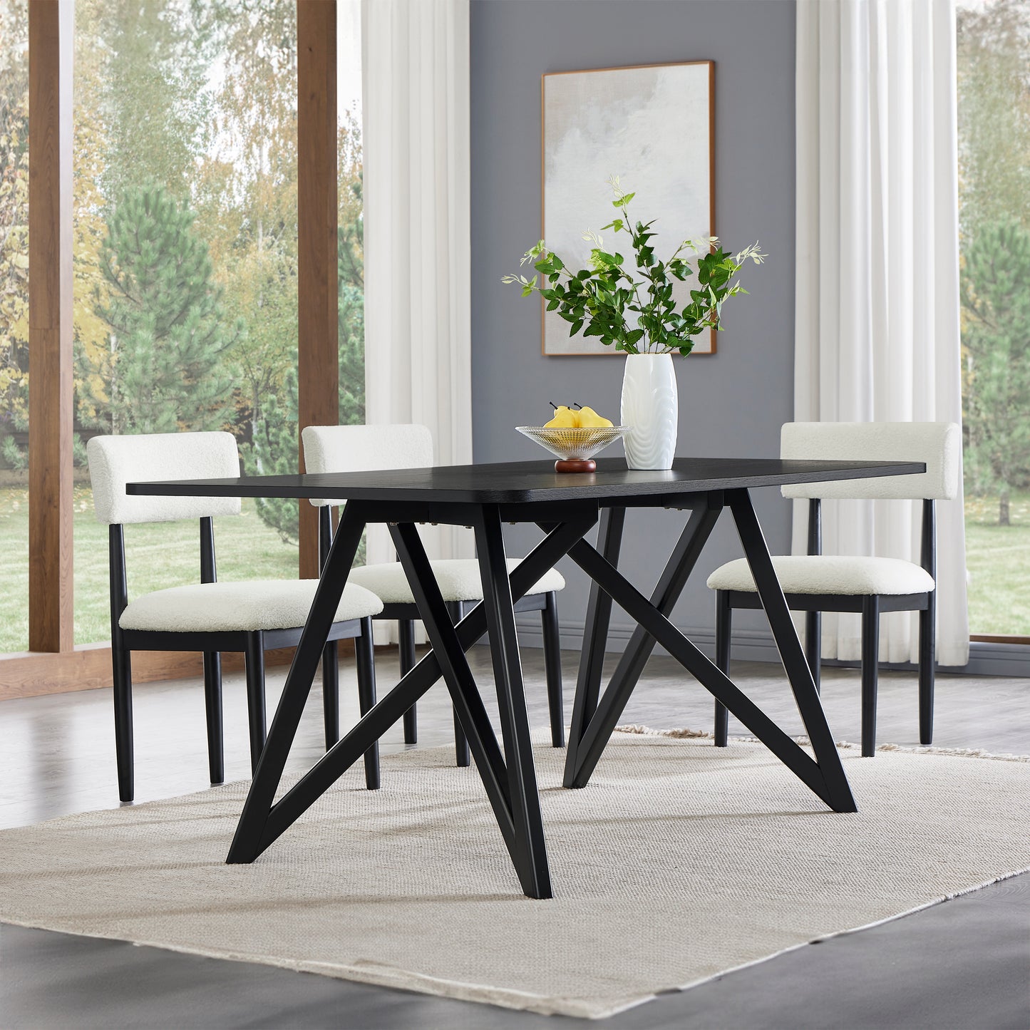 Roundhill Furniture Axler 7-Piece Dining Set, Tripod-Cross Dining Table with 6 Boucle Chairs