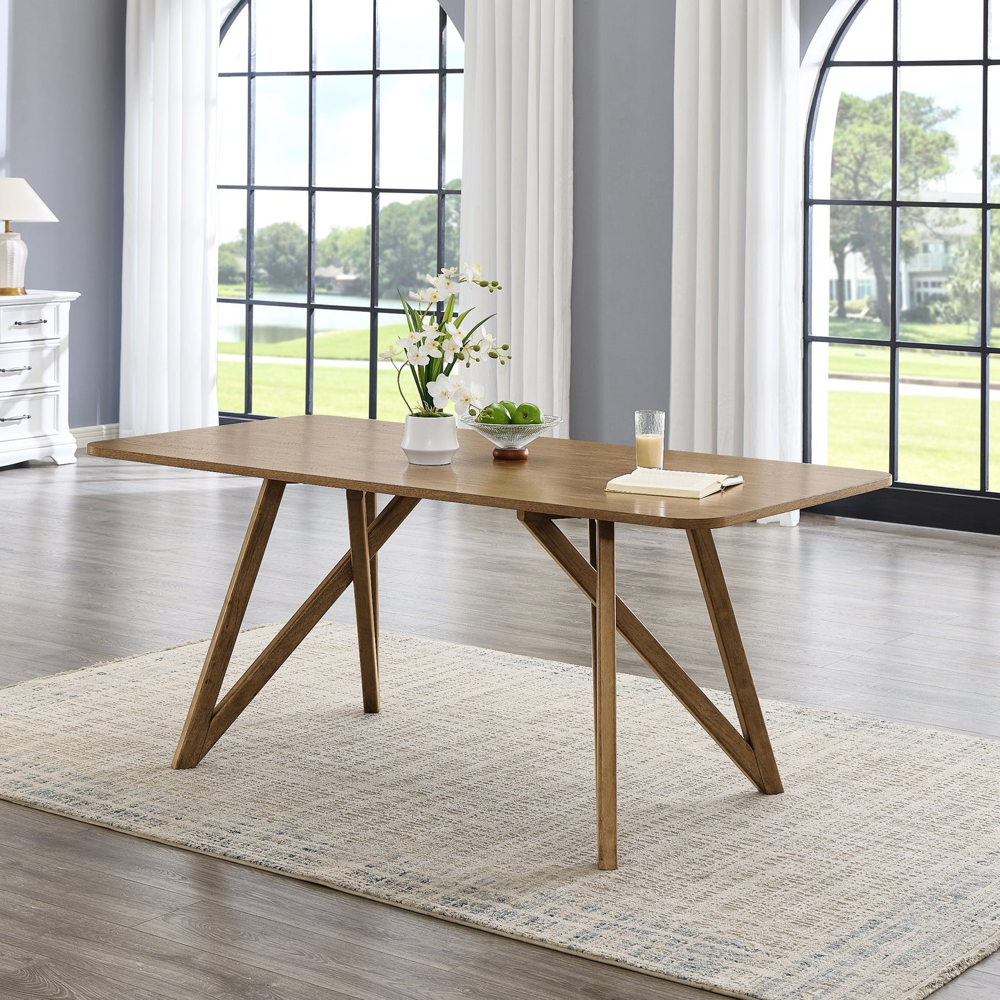 Roundhill Furniture Avery 5-Piece Dining Set, Tripod-Cross Dining Table with 4 Stylish Chairs, Light Oak