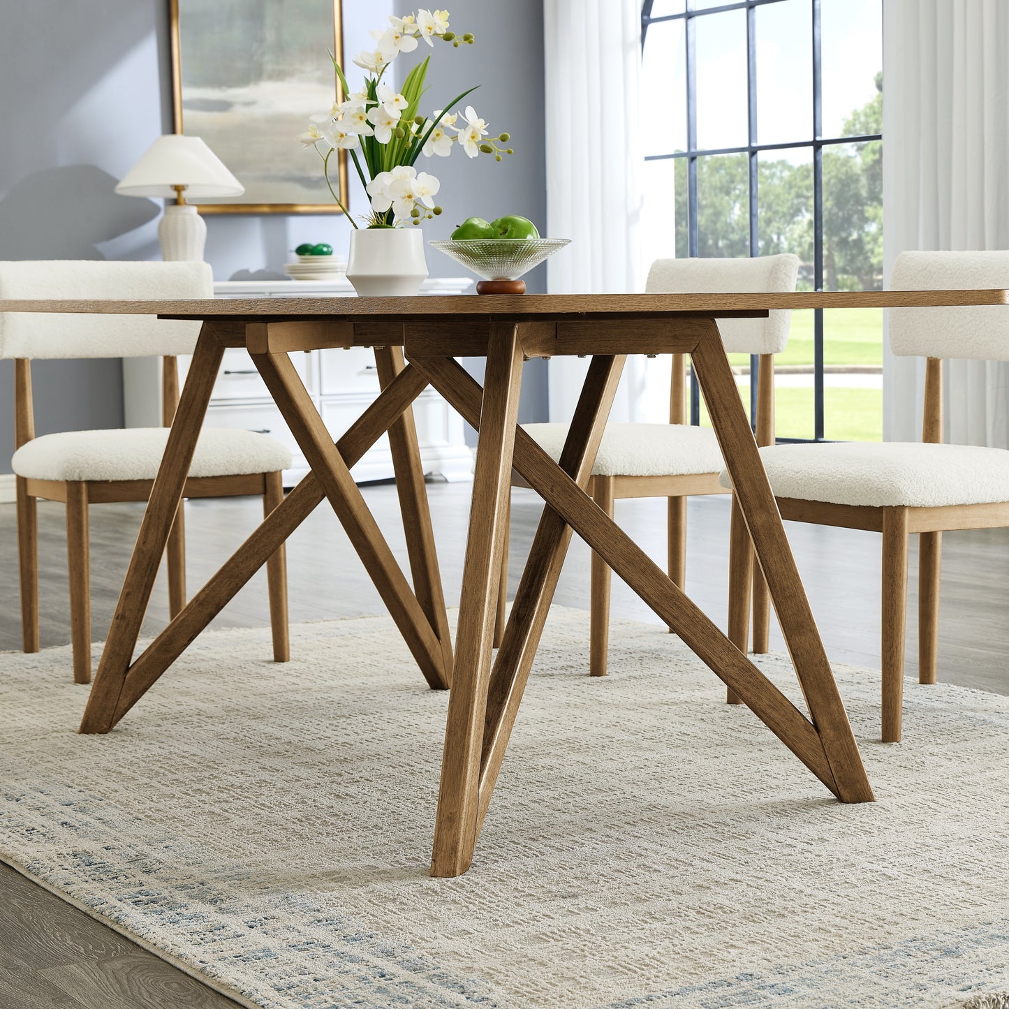 Roundhill Furniture Avery 5-Piece Dining Set, Tripod-Cross Dining Table with 4 Stylish Chairs, Light Oak