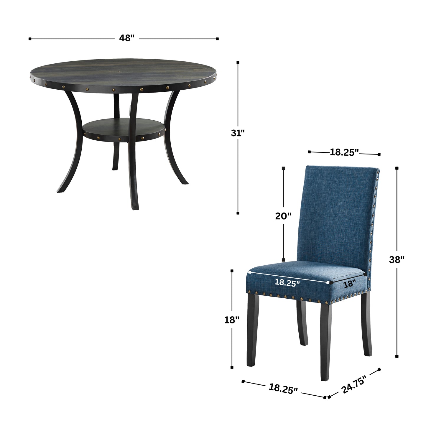 Roundhill Furniture Biony Espresso Wood Dining Set with Fabric Nailhead Chairs