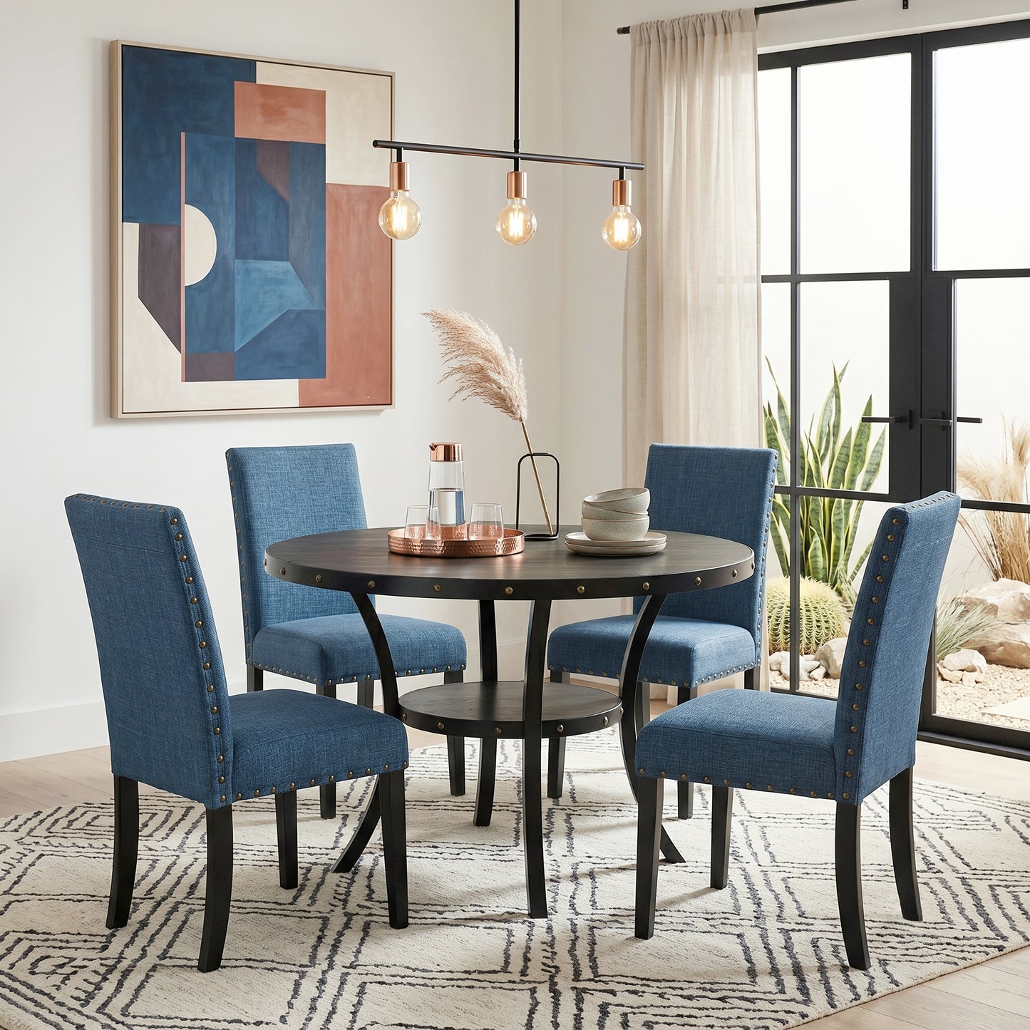 Biony Espresso Wood Dining Set with Blue Fabric Nailhead Chairs
