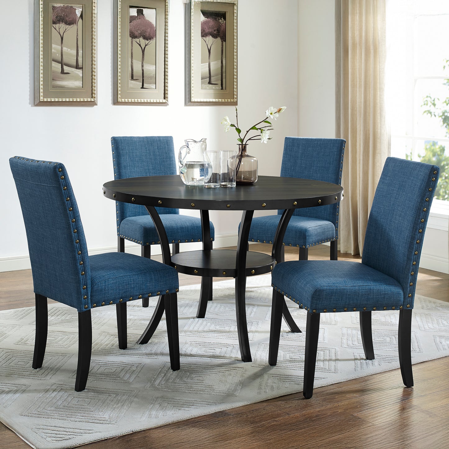 Biony Espresso Wood Dining Set with Blue Fabric Nailhead Chairs